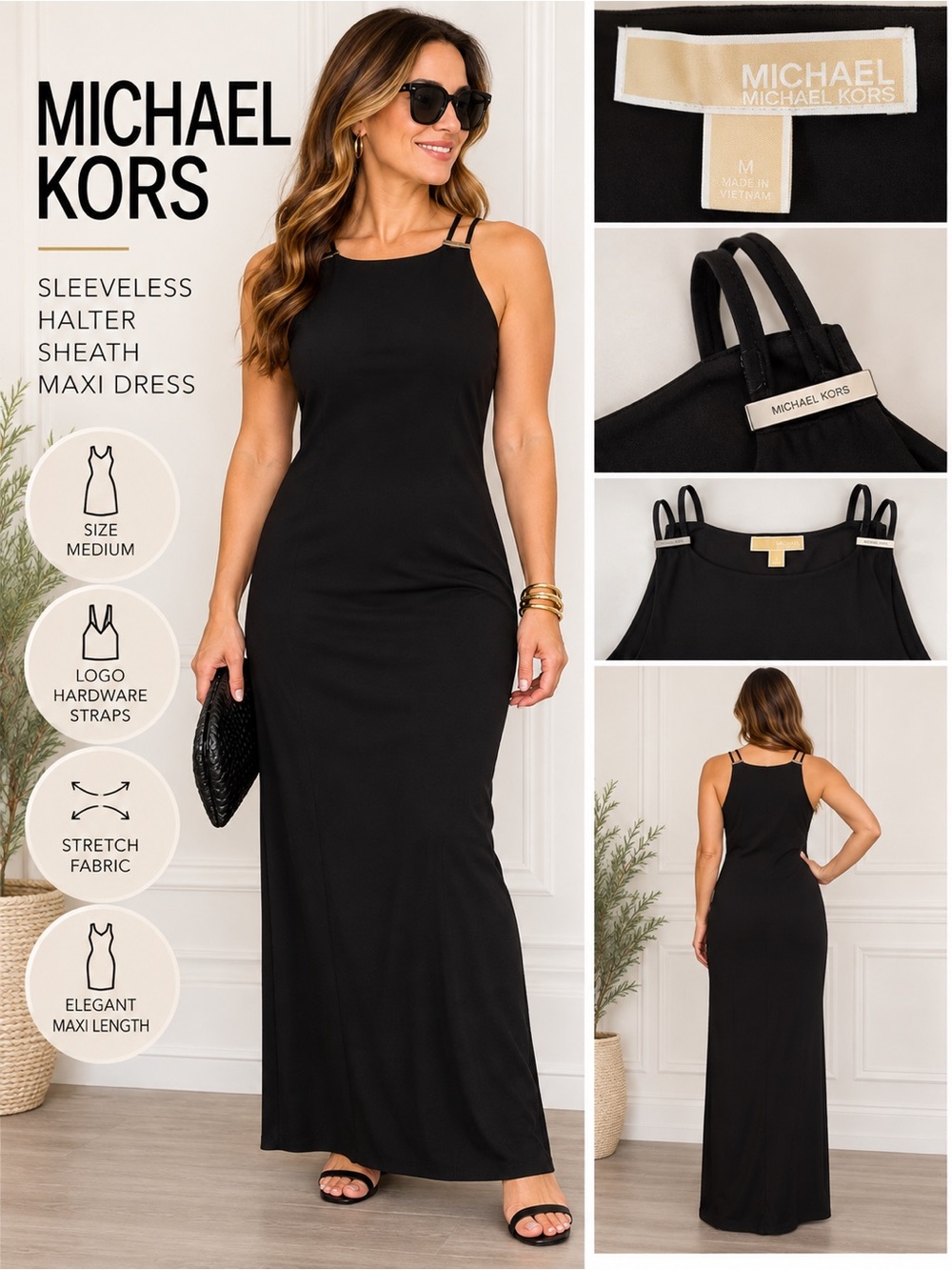 Michael Kors Black Sleeveless maxi Sheath Dress Logo Straps Medium